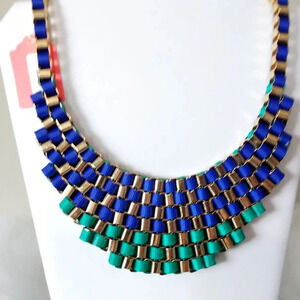 NWT Resort Style Teal and Blue Ribbon Bib Necklace